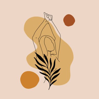 Basit bir sanat tarzıyla güzel bir kadın çiziyor. Geometrik şekilli arka planda palmiye yaprağı olan kadın yüzü. Yaz tatili, seyahat, sahil tasarımı, refah için güzel bayan vektör konsepti