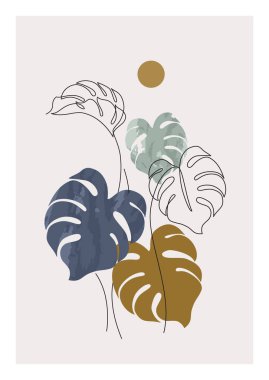 Soyut asgari canavar yaprakları bir çizgi halinde bitki ve suluboya siluetler çizer. Devamlı çizgi sanatı tarzında modern vektör illüstrasyonu. Yaz tasarımı için basit botanik kavramı