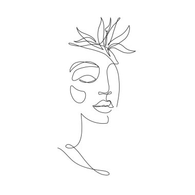 Güzel kadın vektör logosu basit bir sanat tarzıyla tasarlandı. Soyut çiçek özgeçmişinde bir kadın yüzü. Güzellik salonu, makyaj ve kozmetoloji için tropik çiçek konseptiyle güzel bir portre..