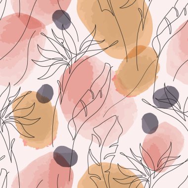 Soyut asgari tropikal yaprak, tek bir çizgide çiçek, suluboya şekiller kusursuz desenler. Modern vektör çizimi. Kapaklar, posterler, şablonlar, baskılar, tasarım için basit botanik arkaplan