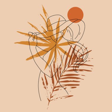 Basit sanat tarzında şapkalı güzel bir kadın. Tropikal yaprak arka planında kadın modeli çizimi. Yaz tatili tasarımı, güzellik salonu, vektör.