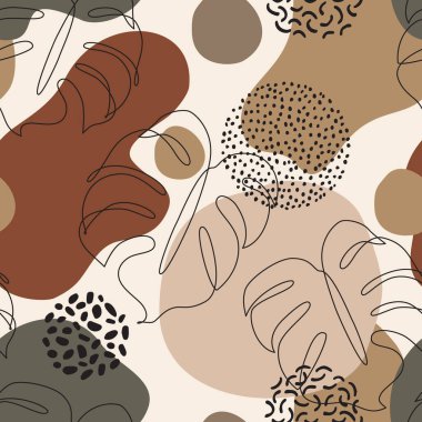 Özet asgari arkaplan. Modern kusursuz desen: bir çizgi sanat canavarı siluet, geometrik şekiller bırakır. Vektör sanatı. Yaz tasarımı için el çizimi illüstrasyon, boho, hipster kumaş, duvar kağıdı