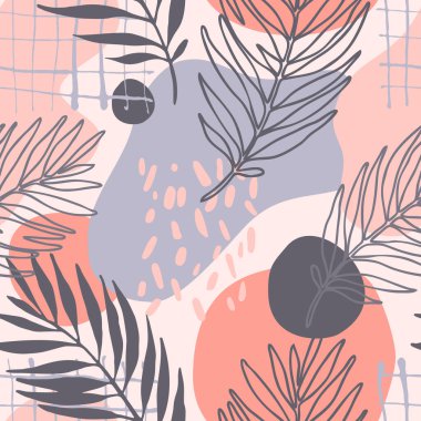 Özet asgari arkaplan. Modern, pürüzsüz desen: bir çizgi sanat palmiyesi siluet, geometrik şekiller, karalama dokusu bırakır. Yaz tasarımı için el çizimi vektör çizimi çizimi, boho, hipster kumaş