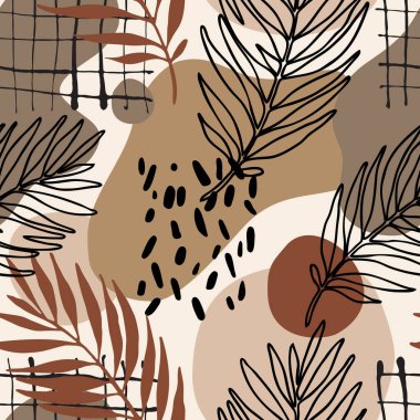 Özet asgari arkaplan. Modern, pürüzsüz desen: bir çizgi sanat palmiyesi siluet, geometrik şekiller, karalama dokusu bırakır. Yaz tasarımı için el çizimi vektör çizimi çizimi, boho, hipster kumaş