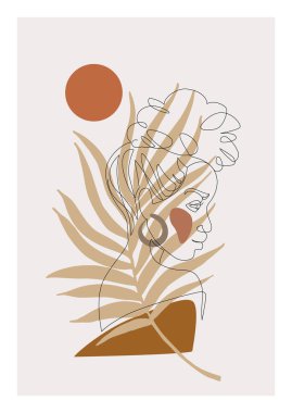 Modern bir şekilde soyut siyahi kadın profili. Doğal güzellik kesintisiz çizgi basit çizim. Palmiye yapraklarındaki afro kız. Moda için Vektör İllüstrasyonu, çağdaş poster tasarımı