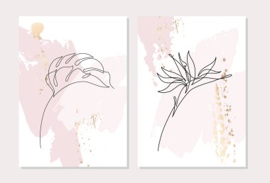 Bir satırda asgari düzeyde soyut posterler asıldı. Modern vektör illüstrasyonu, sürekli çizgi sanat tasarımı. Tropik canavar yaprağı, pastel üzerinde çiçek pembe leke, altın fırça darbeleri arka plan