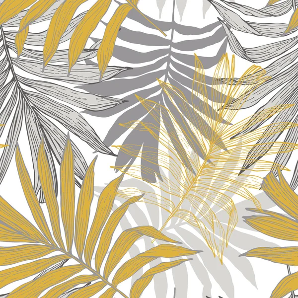 Bujné Tropické Zeleň Pozadí Tropické Bezešvé Vzor Čára Skica Palmové — Stockový vektor