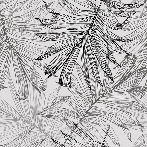 緑豊かな熱帯の葉の背景 トロピカルシームレスパターン ラインスケッチヤシの葉シルエット ジャングルベクトルアート 夏のデザインのための手描きエキゾチックなイラスト ビーチ水着 — ストックベクタ