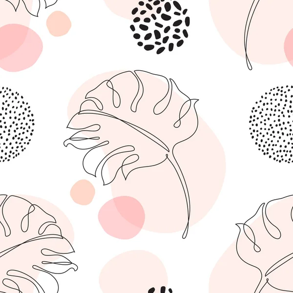 最小限の植物シームレスパターン ドードル幾何学的形状の背景にラインアートの熱帯モンスターの葉のシルエット 単純なベクトル設計 手描き線画植物図 — ストックベクタ