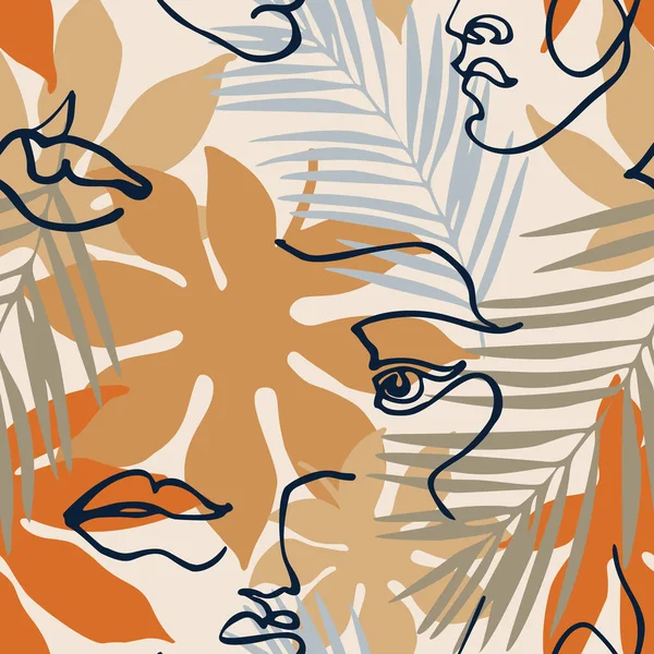 现代连续线条艺术面容 热带树叶无缝图案 手绘最小的肖像画在孟菲斯风格的时装设计 — 图库矢量图片