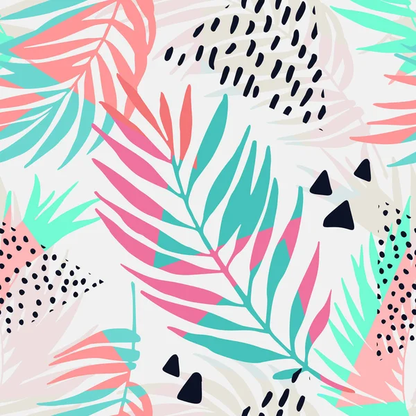 Abstract Summer Seamless Pattern Floral Geometric Background Triangles Palm Leaves — Stock Vector