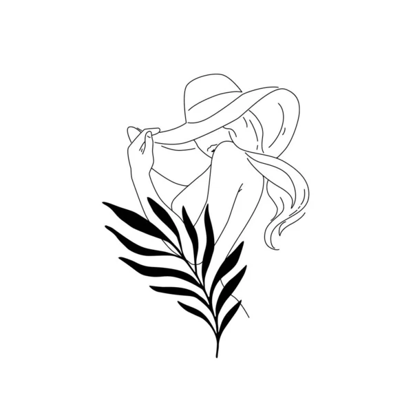 Женщина Шляпе Векторный Логотип Стиле Минимализма Женское Лицо Фоне Пальмового — стоковый вектор