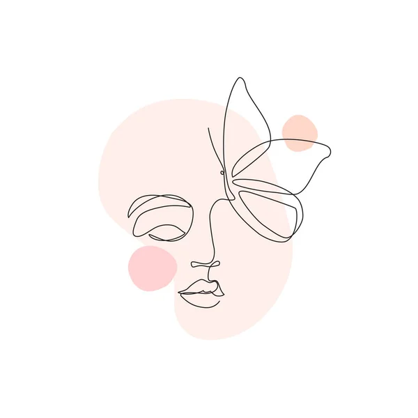 シンプルな最小限のラインアートスタイルで美しい女性ベクトルのロゴデザイン 抽象的な地理的形状の女性の顔背景 美容室 化粧品 化粧品のための蝶の概念と美しい肖像画 — ストックベクタ