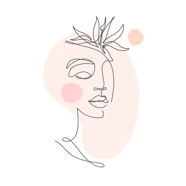 シンプルな最小限のラインアートスタイルで美しい女性ベクトルのロゴデザイン 抽象的な地理的形状の女性の顔背景 美容室 化粧品 化粧品のための熱帯の花の概念と美しい肖像画 — ストックベクタ