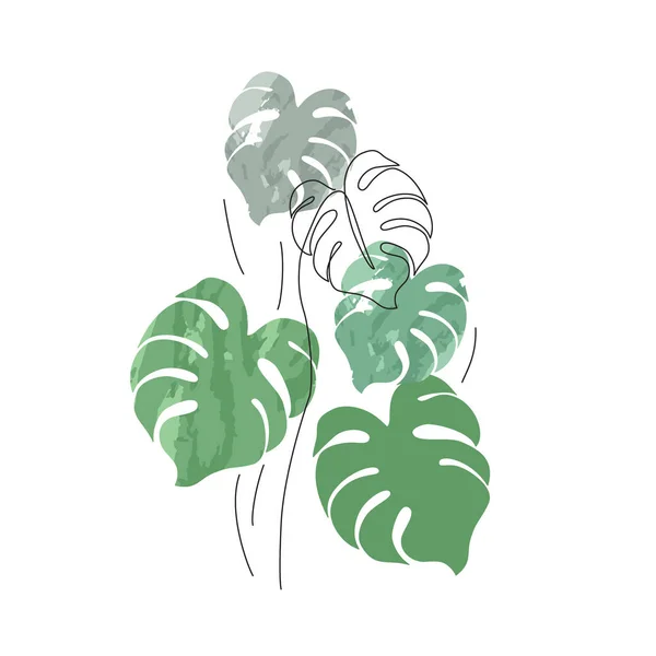 Astratto Minimale Monstera Lascia Pianta Una Linea Disegno Silhouette Acquerello — Vettoriale Stock