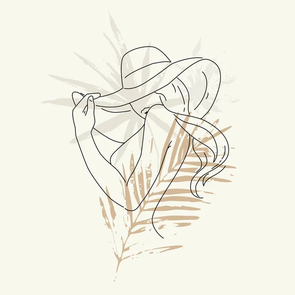 Belle Femme Chapeau Dans Style Minimaliste Simple Art Ligne Illustration — Image vectorielle