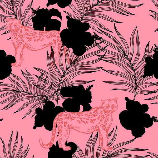 Schöner Tropischer Print Mit Palmblättern Hibiskus Leopard Tiere Blumen Blätter — Stockvektor