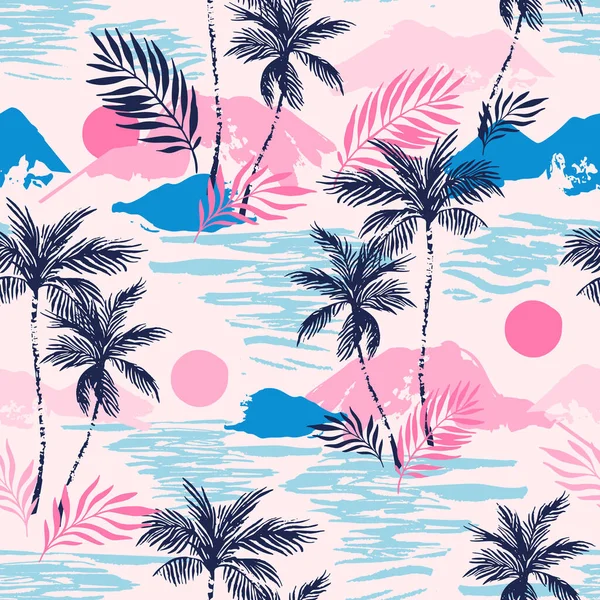 抽象的なパラダイス島のシームレスなパターン 日没の海 エキゾチックな島 ヤシの木のシルエット グランジブラシストロークテクスチャと熱帯の背景 夏のデザインのための手描きベクトルアートイラスト — ストックベクタ
