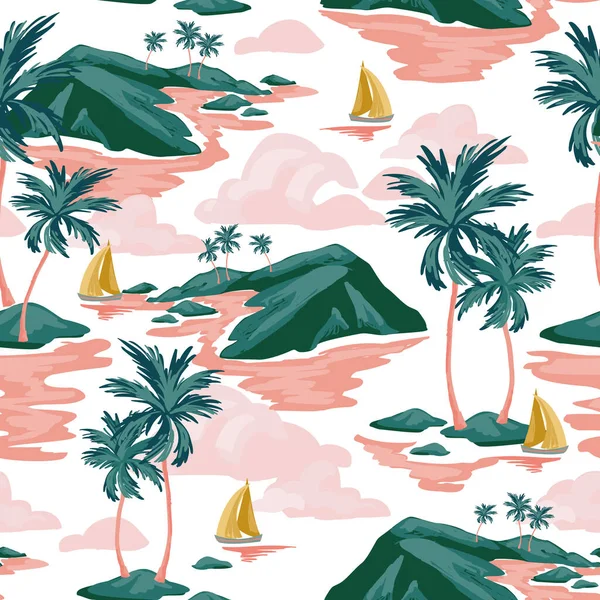 Abstract Paradise Island Seamless Pattern Tropics Background Sailing Boats Exotic — Stock Vector