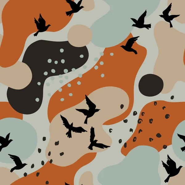 Abstraktní Podzimní Hladký Vzor Létajícími Ptáky Tekuté Organické Tvary Grunge — Stockový vektor