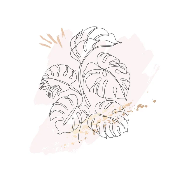 最小限の植物画の概念 トロピカルモンスターは パステルピンクの汚れや金色のブラシストロークの背景にラインアートでブッシュシルエットを残します ベクトルデザイン 手描き線画植物図 — ストックベクタ