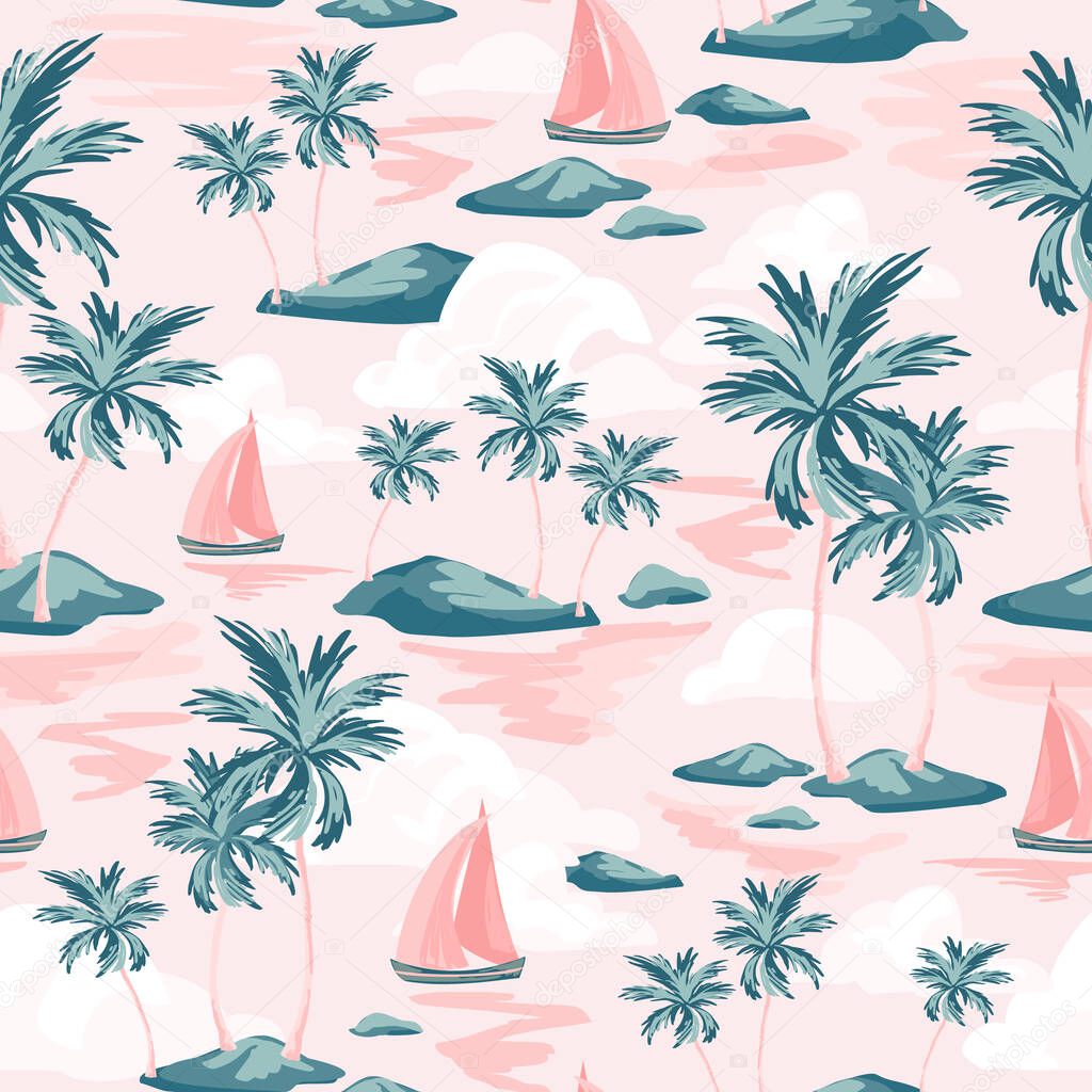 Abstract paradise island seamless pattern. Tropics background with sailing boats, exotic islands, palm trees silhouettes, ocean sea waves texture. Hand drawn vector art illustration for summer design