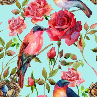 Watercolor birds on the pink and red roses clipart