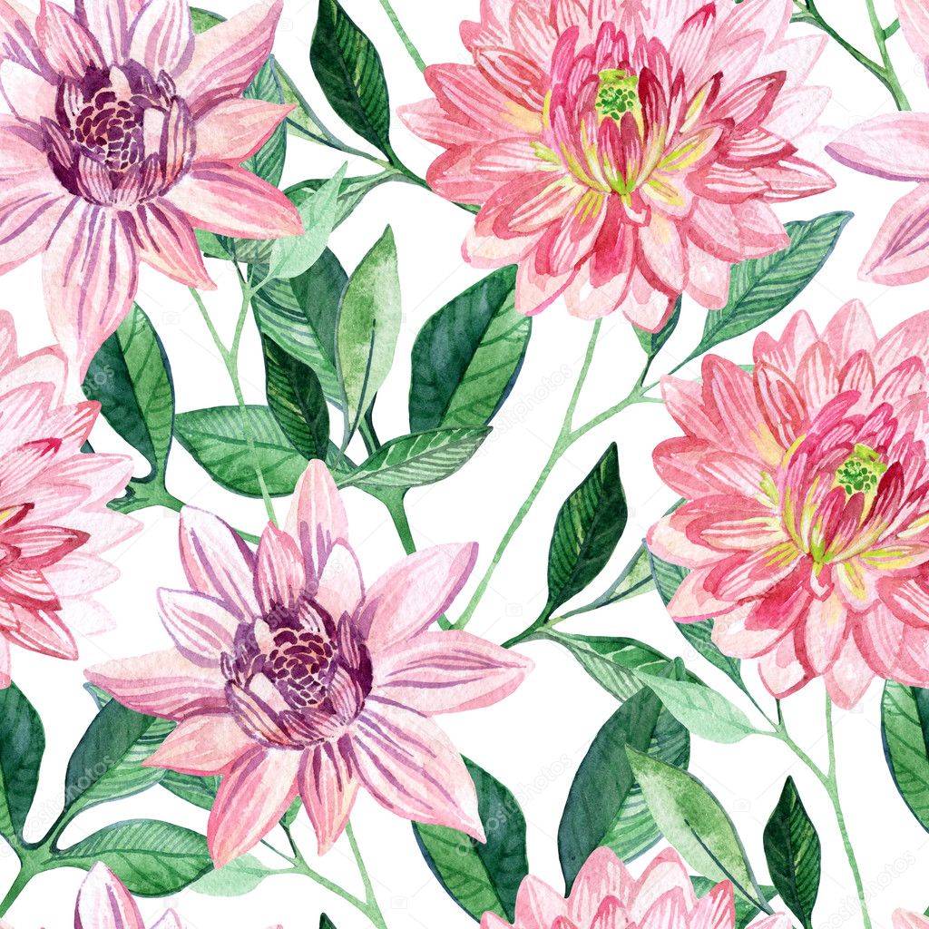 Watercolor aster seamless pattern