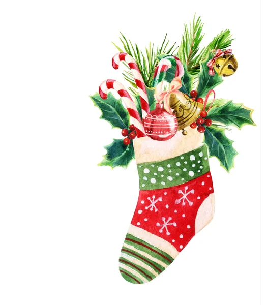 Christmas sock in watercolor — Stock Photo, Image