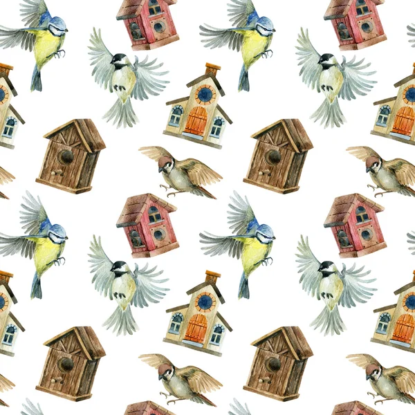 Fliegende Vögel und Vogelhäuschen nahtlose Muster — Stockfoto