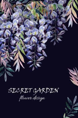 Wisteria çiçek. Suluboya wisteria kartı.