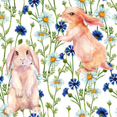 Rabbit among flowers. Watercolor seamless pattern clipart