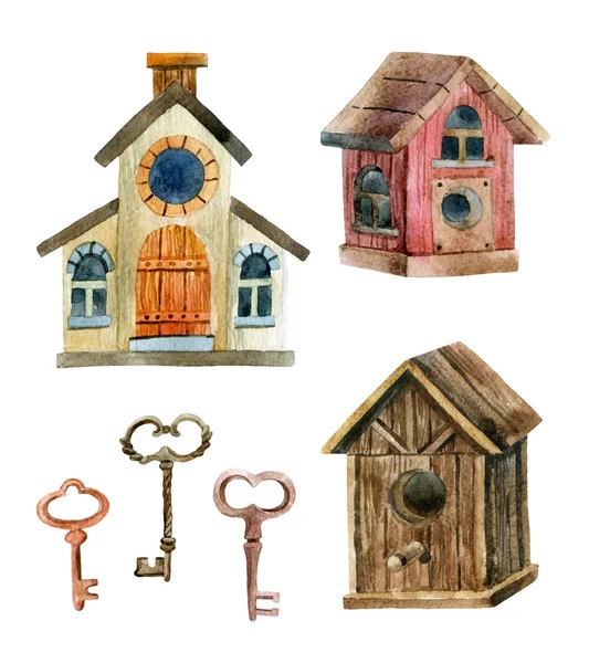 Retro birdhouses i klucze. Trzy słodkie rustykalne birdhouses — Zdjęcie stockowe