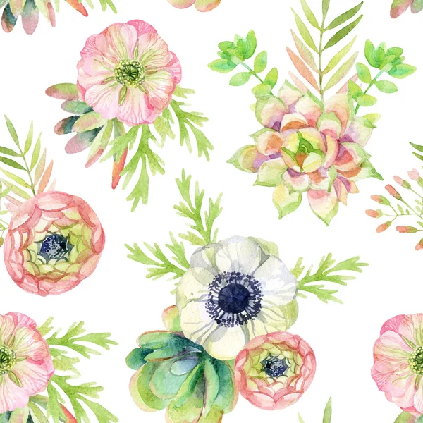 Watercolor seamless pattern with anemone and herbs — Stock Photo, Image