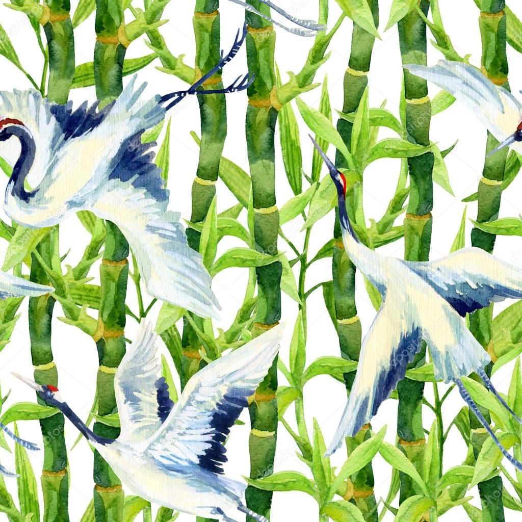 Watercolor asian crane bird seamless pattern