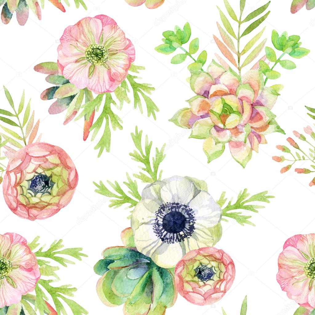 watercolor seamless pattern with anemone and herbs