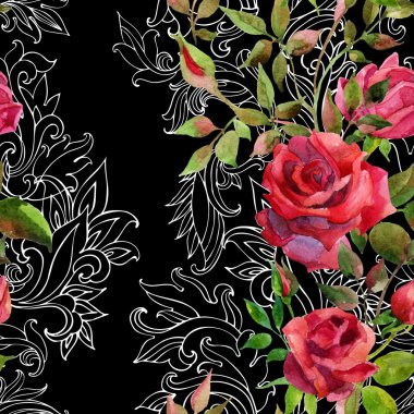 Kırmızı gül Barok süsleme üzerinde. Seamless modeli