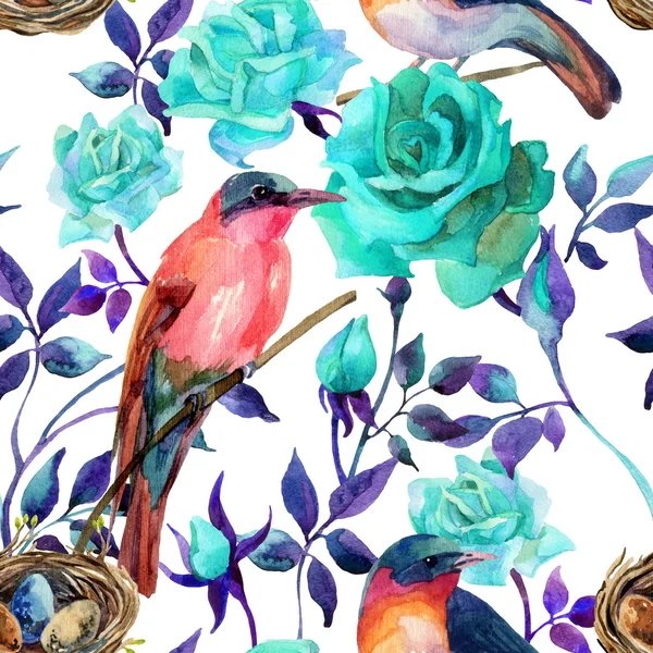 Watercolor birds on the blue roses — Stock Photo, Image