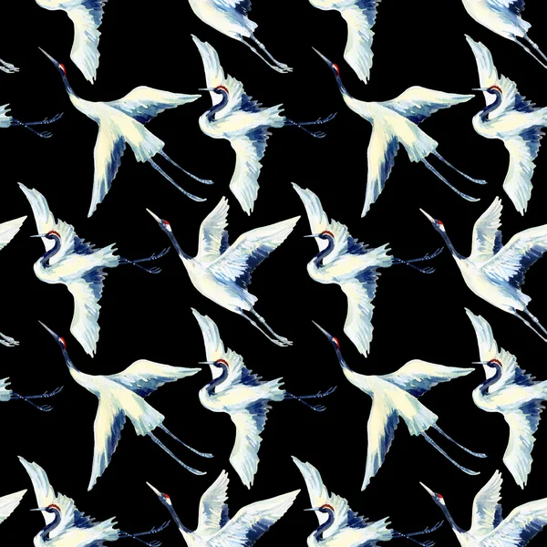 水彩アジアクレーン鳥シームレスパターン — ストック写真
