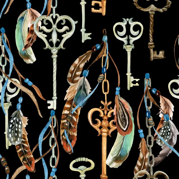 Vintage key with feathers and ribbons in the style of boho — Stock Photo, Image