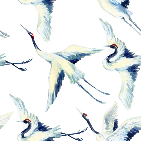 Watercolor asian crane bird seamless pattern — Stock Photo, Image