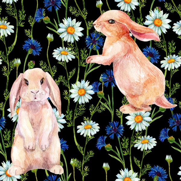 Kanin bland blommorna. Akvarell seamless mönster — Stockfoto