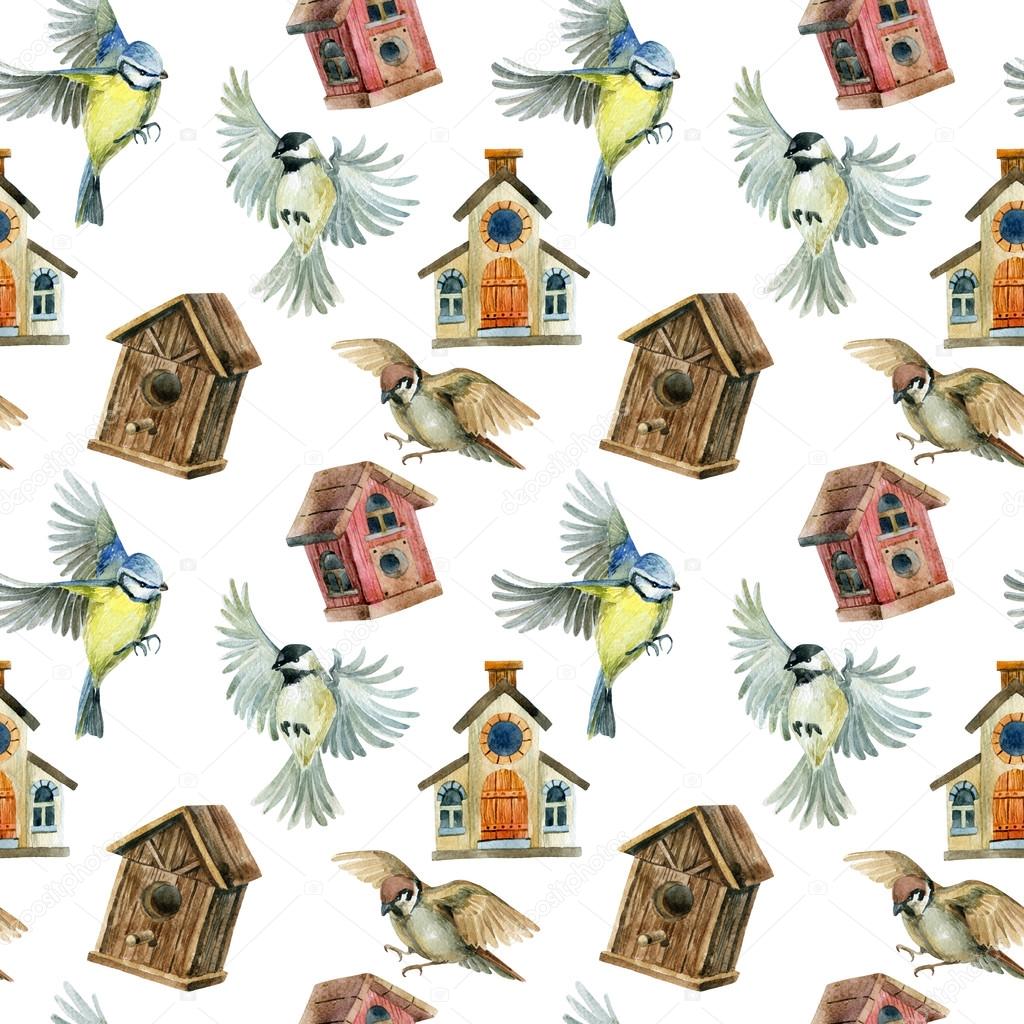 Flying birds and birdhouses seamless pattern