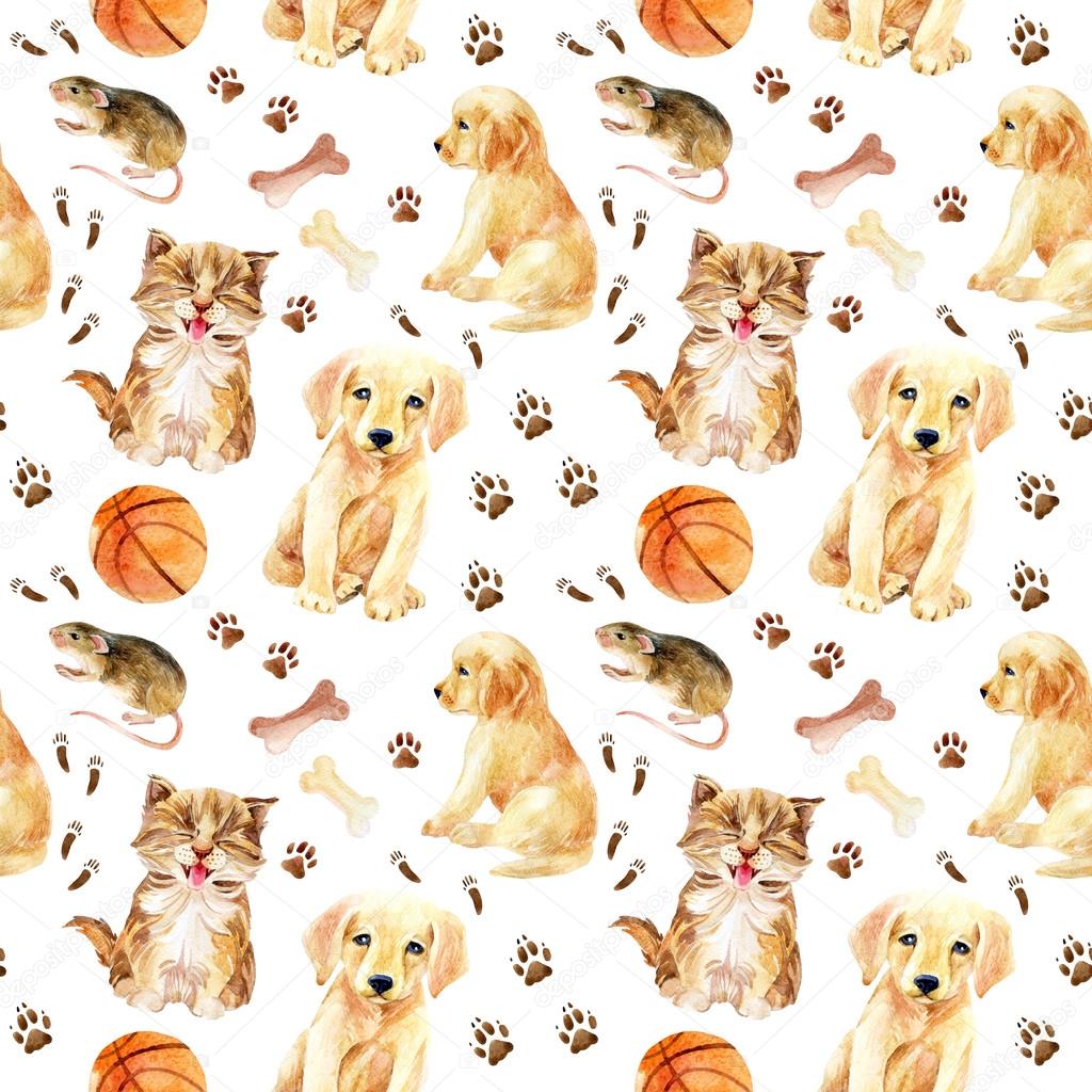 Kitten, puppy and mouse seamless pattern