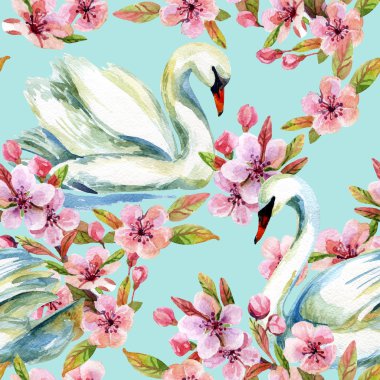 Watercolor swan and cherry bloom clipart