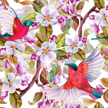 Elma çiçeği ve uçan kuşlar.