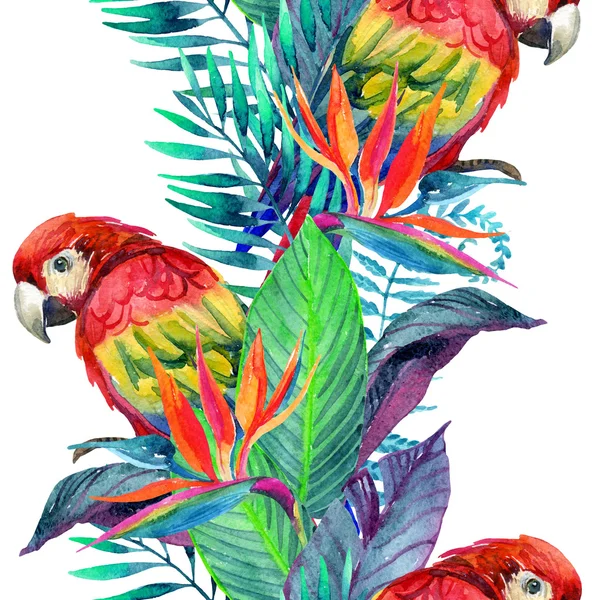 Watercolor parrots with tropical flowers seamless pattern — Stock Photo, Image