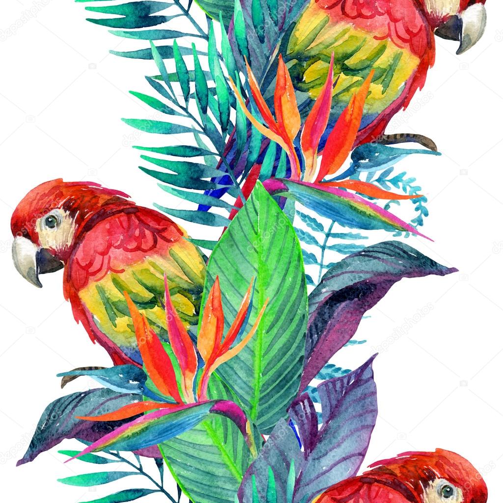 watercolor parrots with tropical flowers seamless pattern