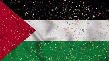 Kağıt konfetiyle Filistin bayrağı kusursuz bir animasyon. Filistin 'in en iyi bayrak dalgası. Bağımsızlık Günü, konfeti ve bayrak geçmişi olan bir kutlama Rüzgarda sürekli dalgalanan