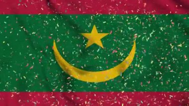Moritanya bayrağı kağıt konfetiyle kusursuz bir animasyon. Moritanya 'nın en iyi bayrak dalgası. Bağımsızlık Günü, konfeti ve bayrak geçmişi olan bir kutlama Rüzgarda sürekli dalgalanan